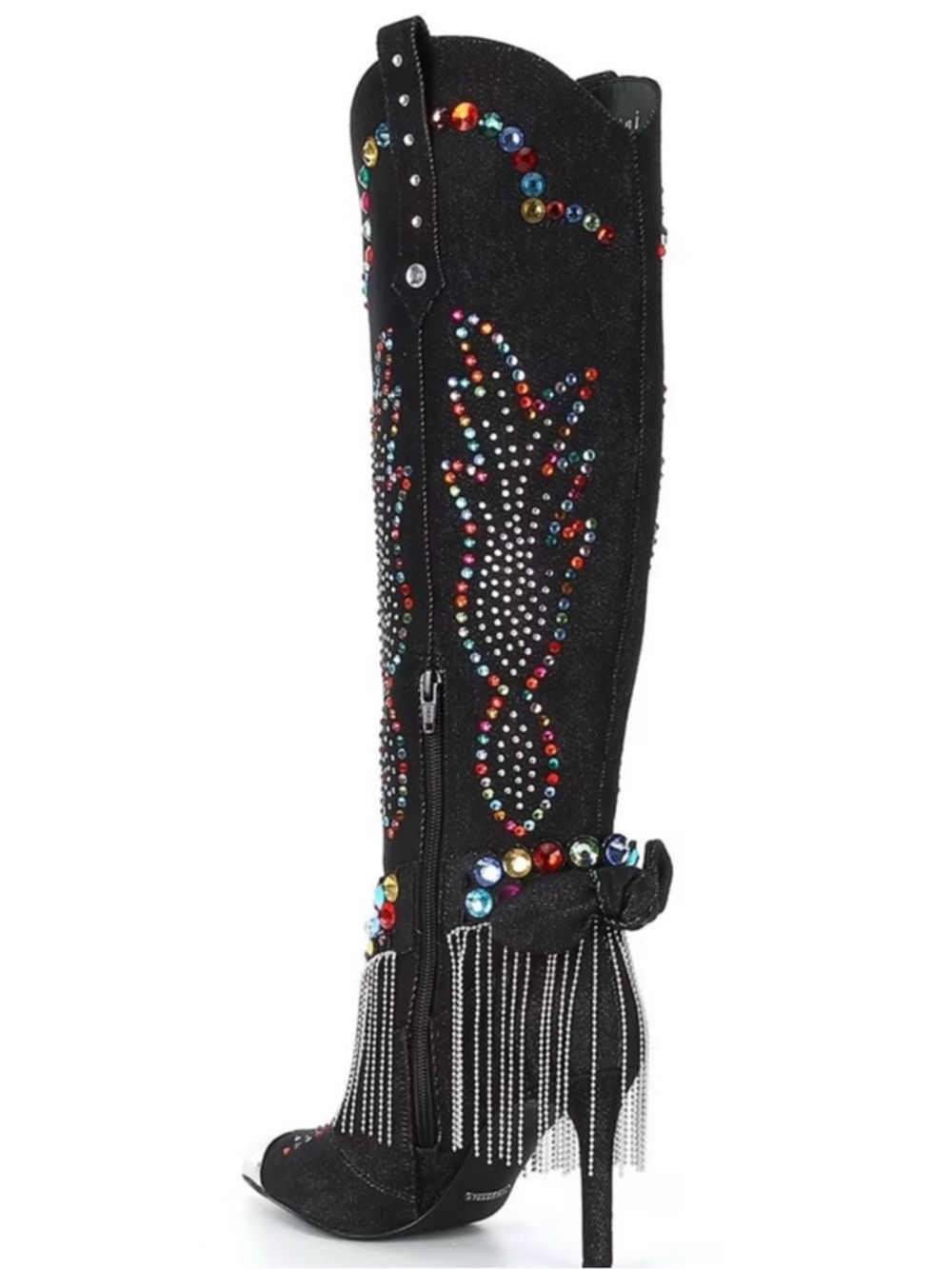 Gianni Bini Kaitrin Black Denim Rhinestone Embellished Fringe Heel Boots $229 - Picture 4 of 7